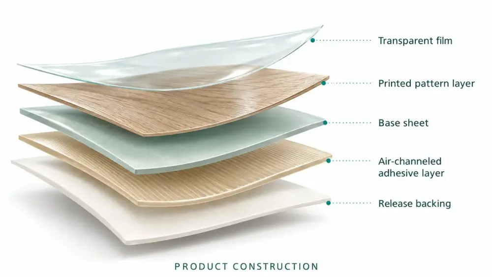 Exploded view of the five layers of Bodaq interior film: transparent film, printed pattern layer, base sheet, air-channeled adhesive layer and release backing