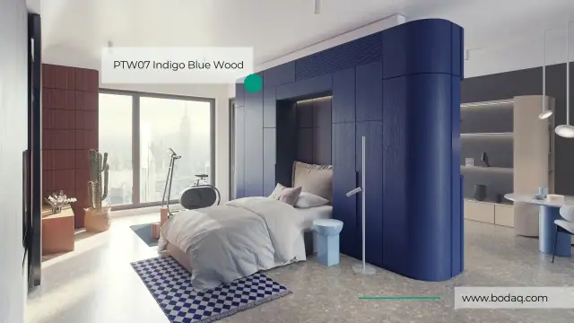 Bedroom with curved joinery finished in an indigo painted wood film