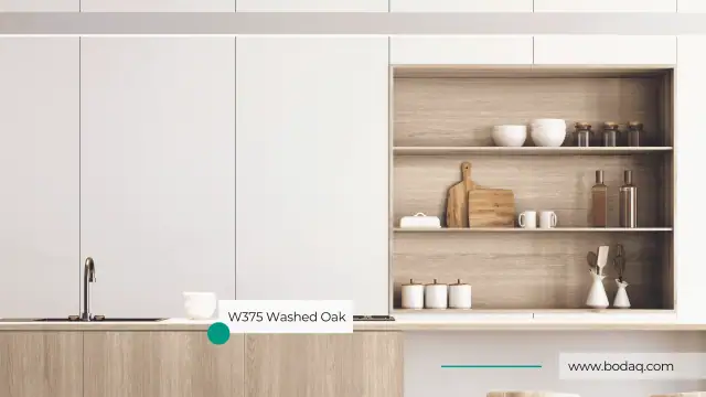 White kitchen with open shelving and light oak film on the lower cabinets
